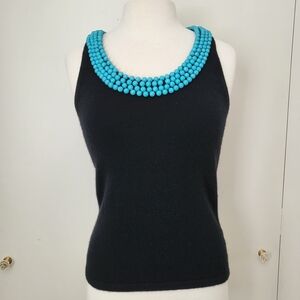 Michael Kors Black Cashmere Blend Tank Turquoise Beaded Embellishment Size Small